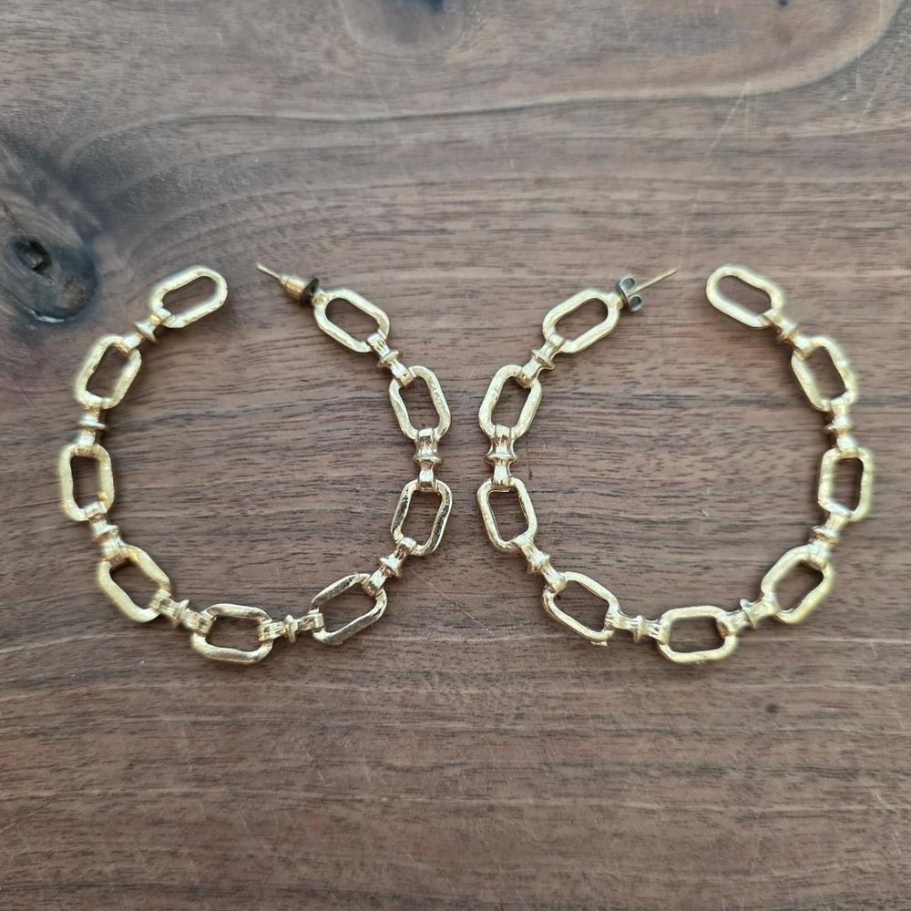 Vintage Gold Chain Link Hoop Earrings Textured Chunky Statement Hoops 2 Inch